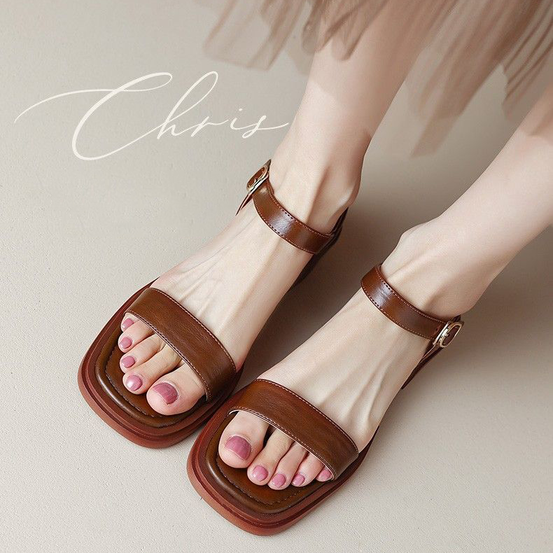 Giày sandal đế bằng da thật Qingying màu đỏ dành cho nữ mùa hè 2023