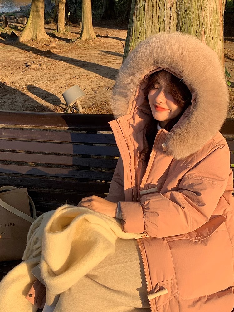 Áo khoác phao mùa đông mũ lông cáo