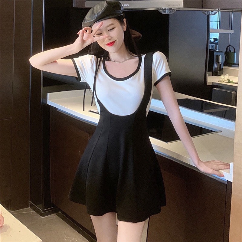 Set váy + áo thun ngắn thời trang hotgirl giá rẻ 2022 (váy đen + áo trắng)